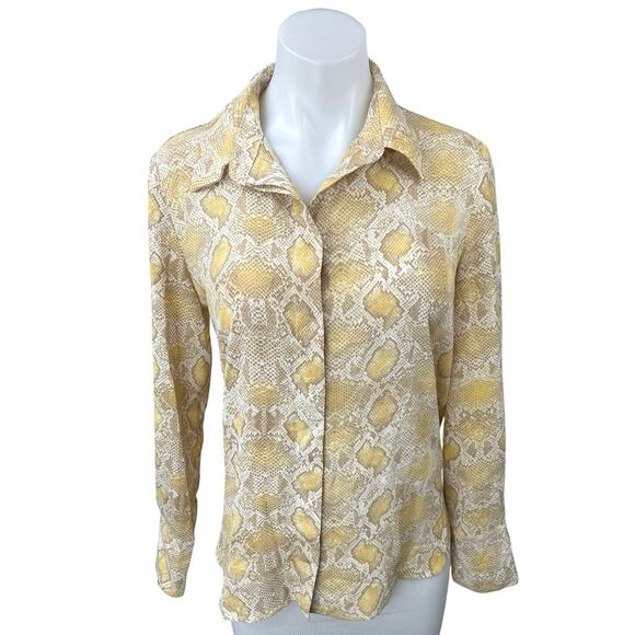 Mango MNG Yellow Multicolor Snakeskin Snake Print Button Down Shirt Blouse Top 4 - Picture 1 of 5